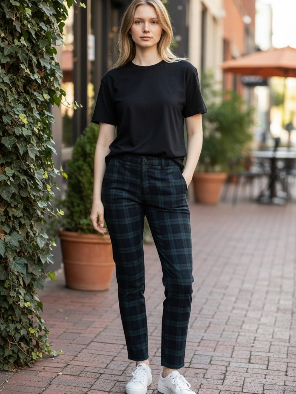 Zara Black Tee with Dark Green & Navy Plaid Cropped Pants